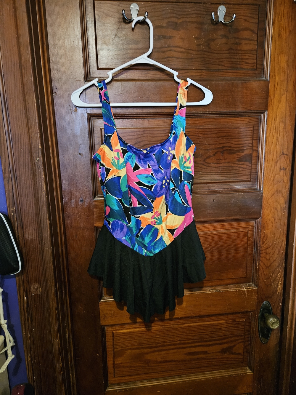 Colorful Floral One-Piece Swim Dress with Black Skirt